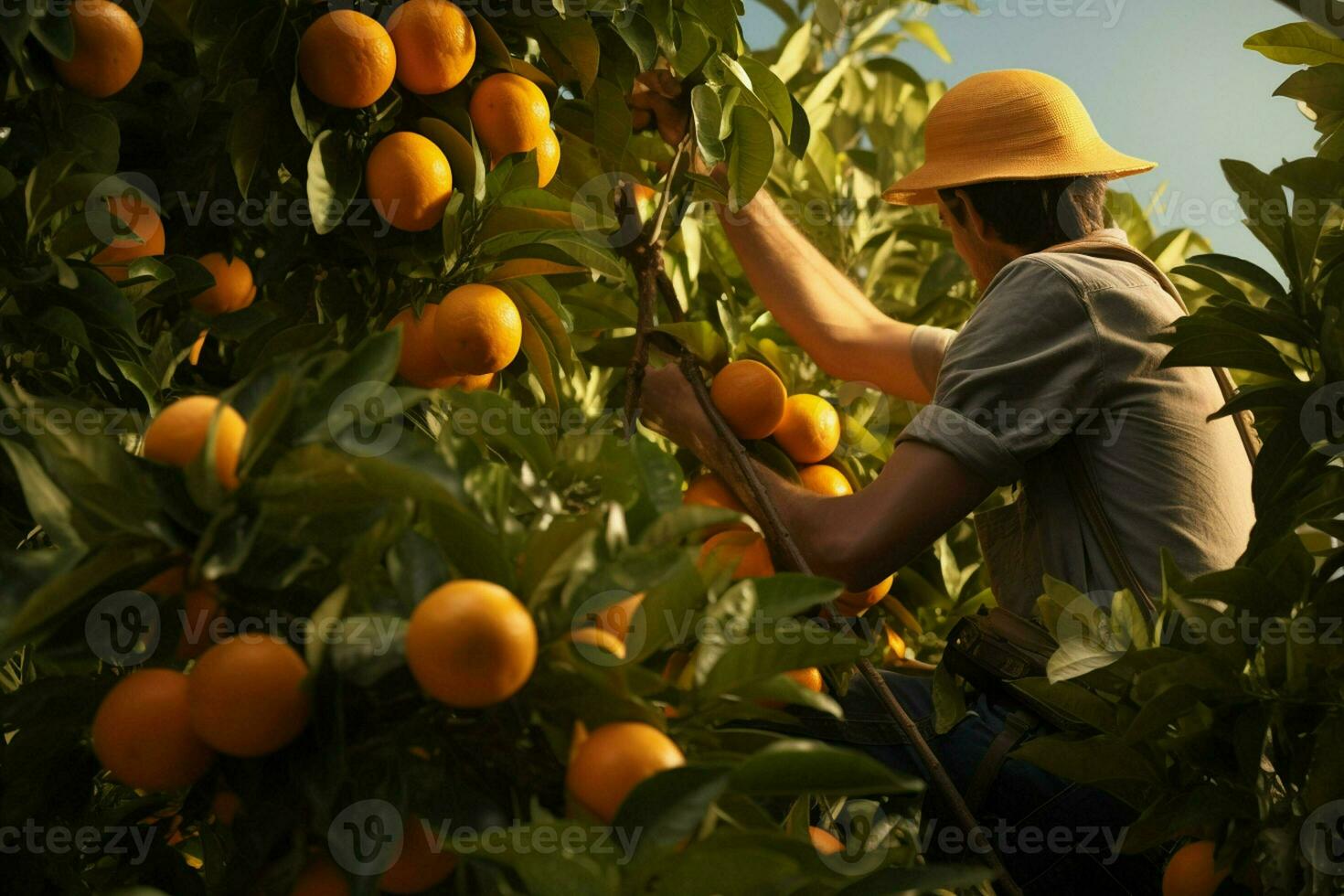 Farmer harvesting oranges on a citrus tree in Sicily, Italy. ai generated pro photo