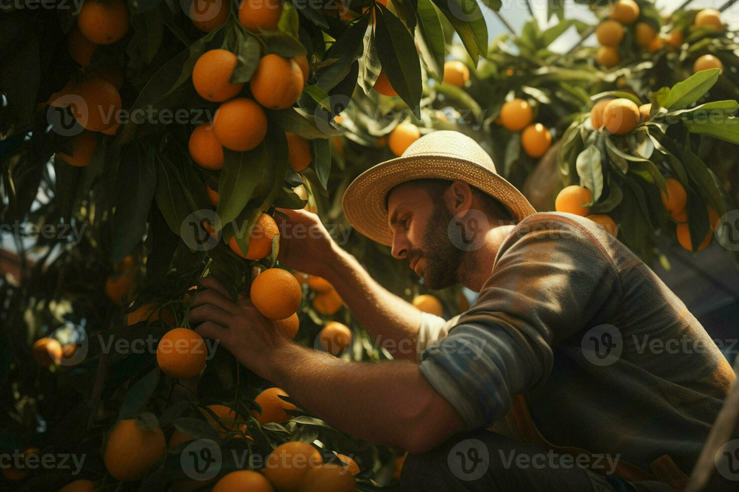 Farmer harvesting oranges on a citrus tree in Sicily, Italy. ai generated pro photo