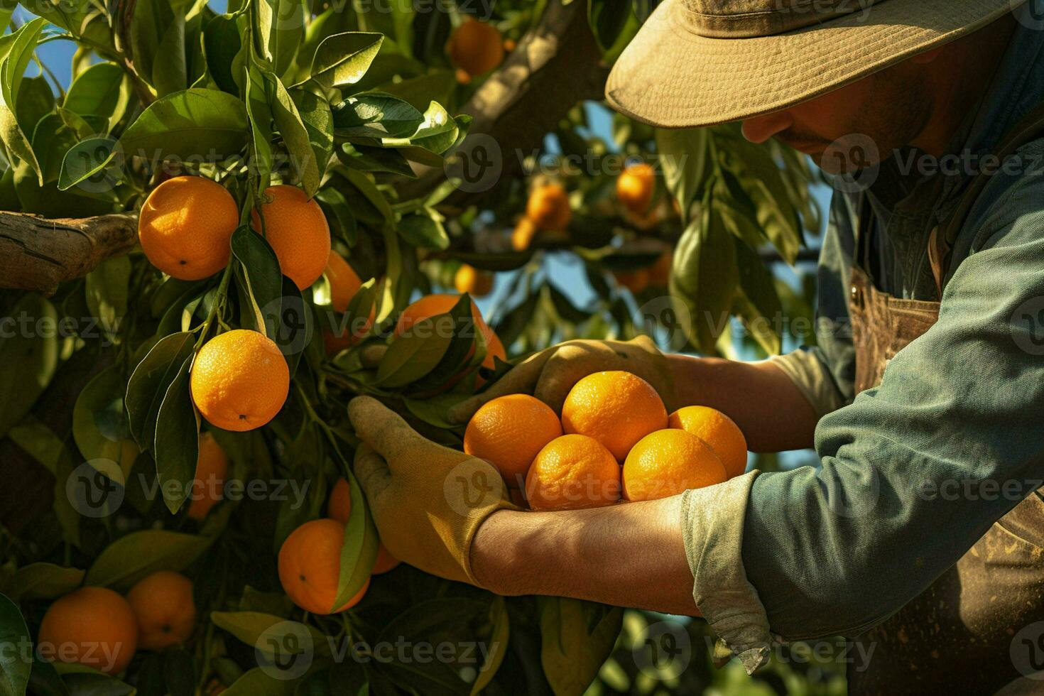 Farmer harvesting oranges on a citrus tree in Sicily, Italy. ai generated pro photo