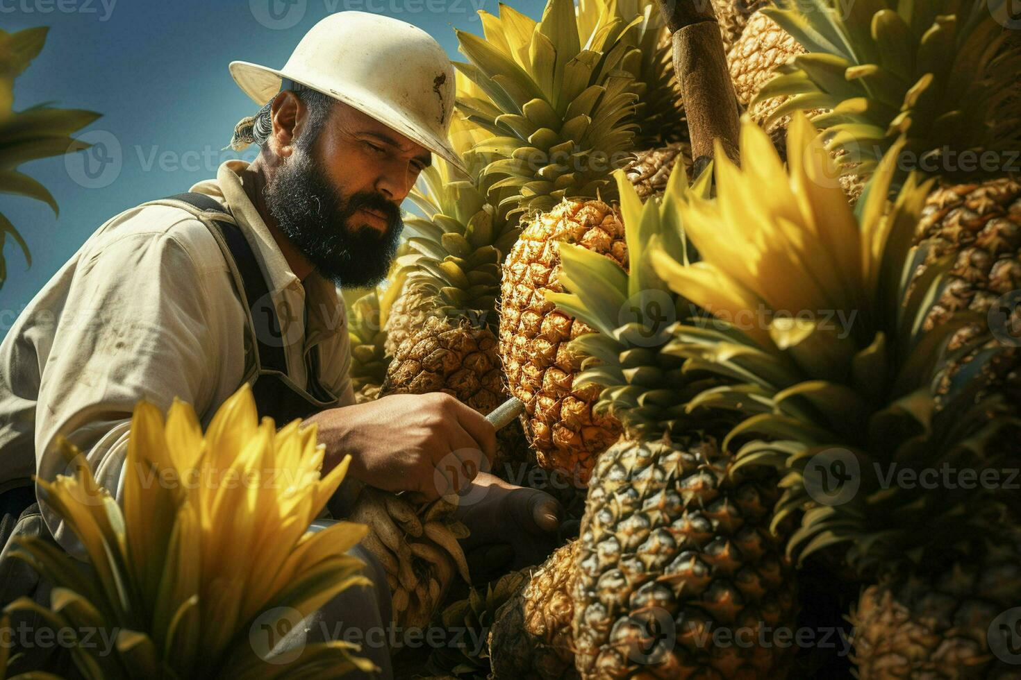 un hombre cosecha piñas en el campo. concepto de cosecha piñas. ai generado Pro foto