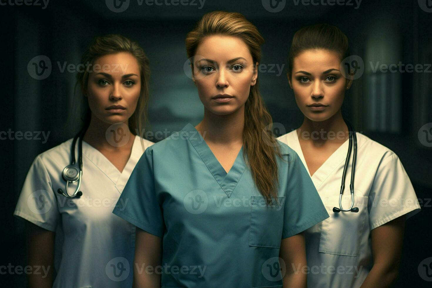 Beautiful young women in medical uniform standing in hospital corridor. ai generated pro photo