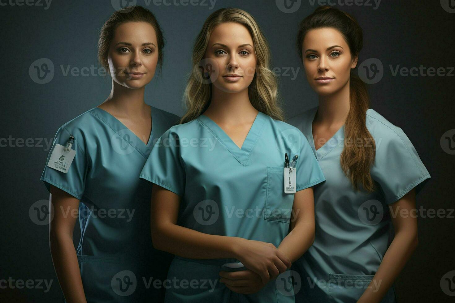 Beautiful young women in medical uniform standing in hospital corridor. ai generated pro photo