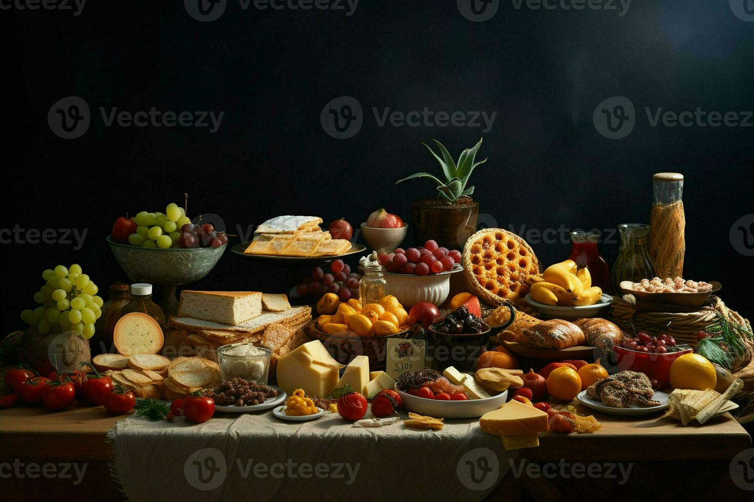 Selection of cheese, meat, fruits and vegetables on a wooden table. AI generated pro photo