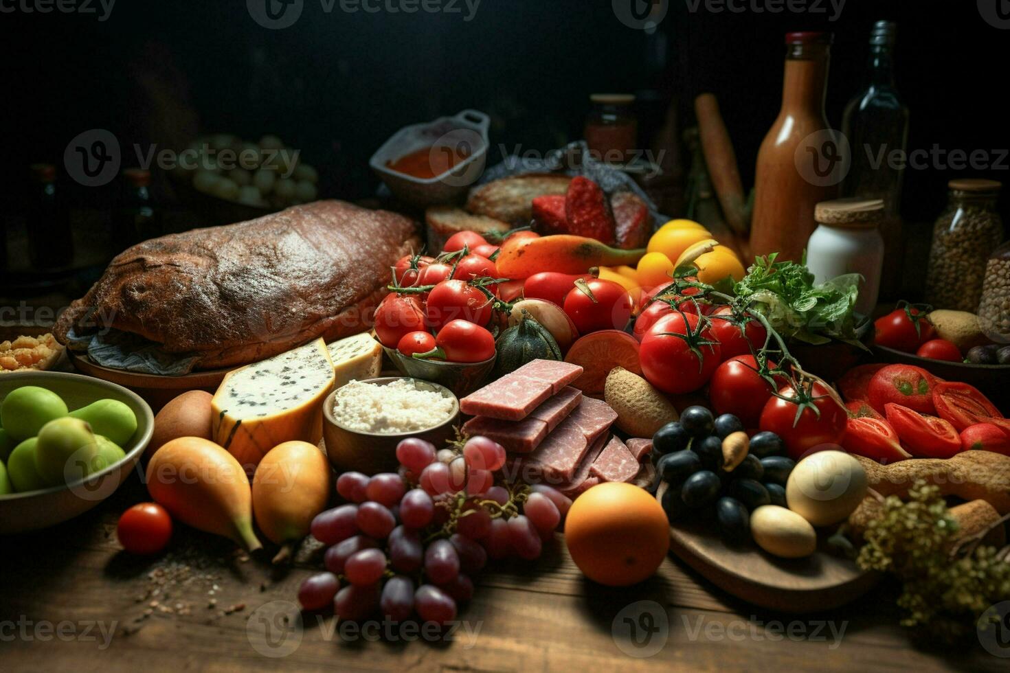 selección de queso, carne, frutas y vegetales en un de madera mesa. ai generado Pro foto