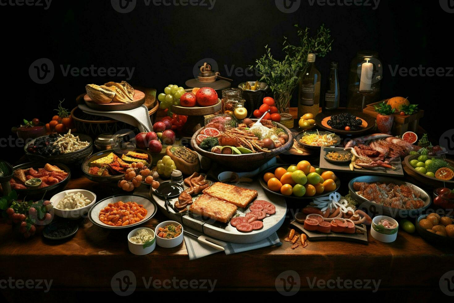 Selection of cheese, meat, fruits and vegetables on a wooden table. ai generated pro photo