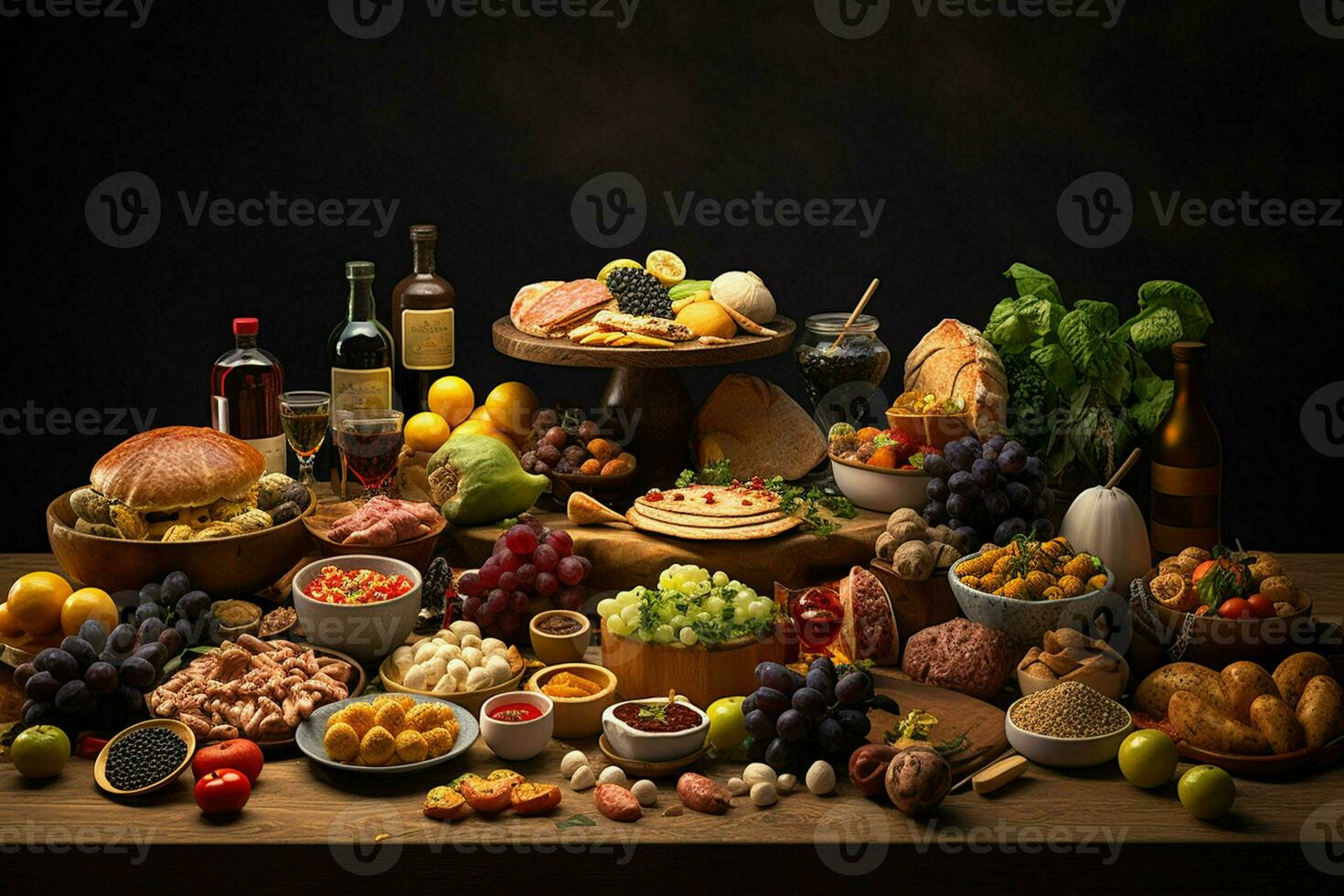 Selection of cheese, meat, fruits and vegetables on a wooden table. ai generated pro photo