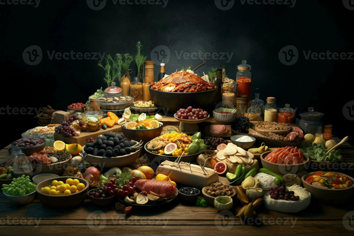 Selection of cheese, meat, fruits and vegetables on a wooden table. ai generated pro photo