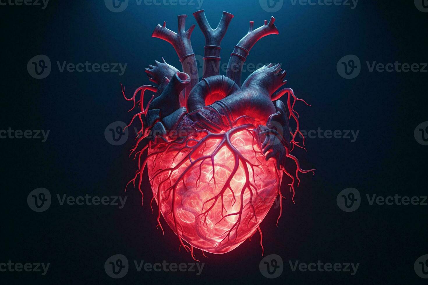 Human heart in neon light on dark background. ai generated pro photo