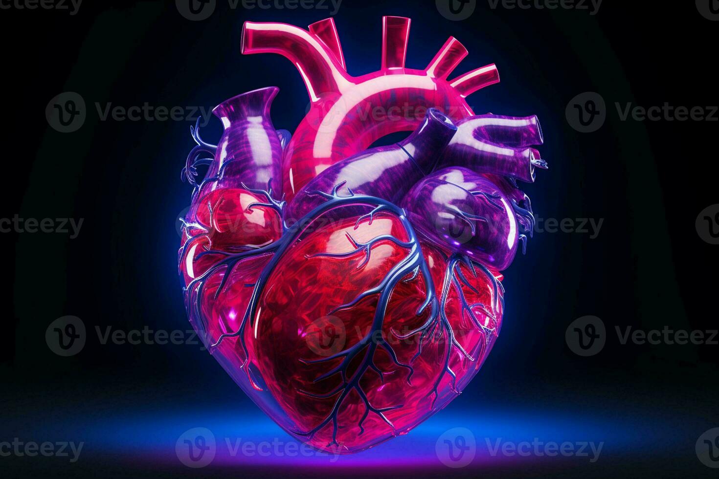 Human heart in neon light on dark background. ai generated pro photo