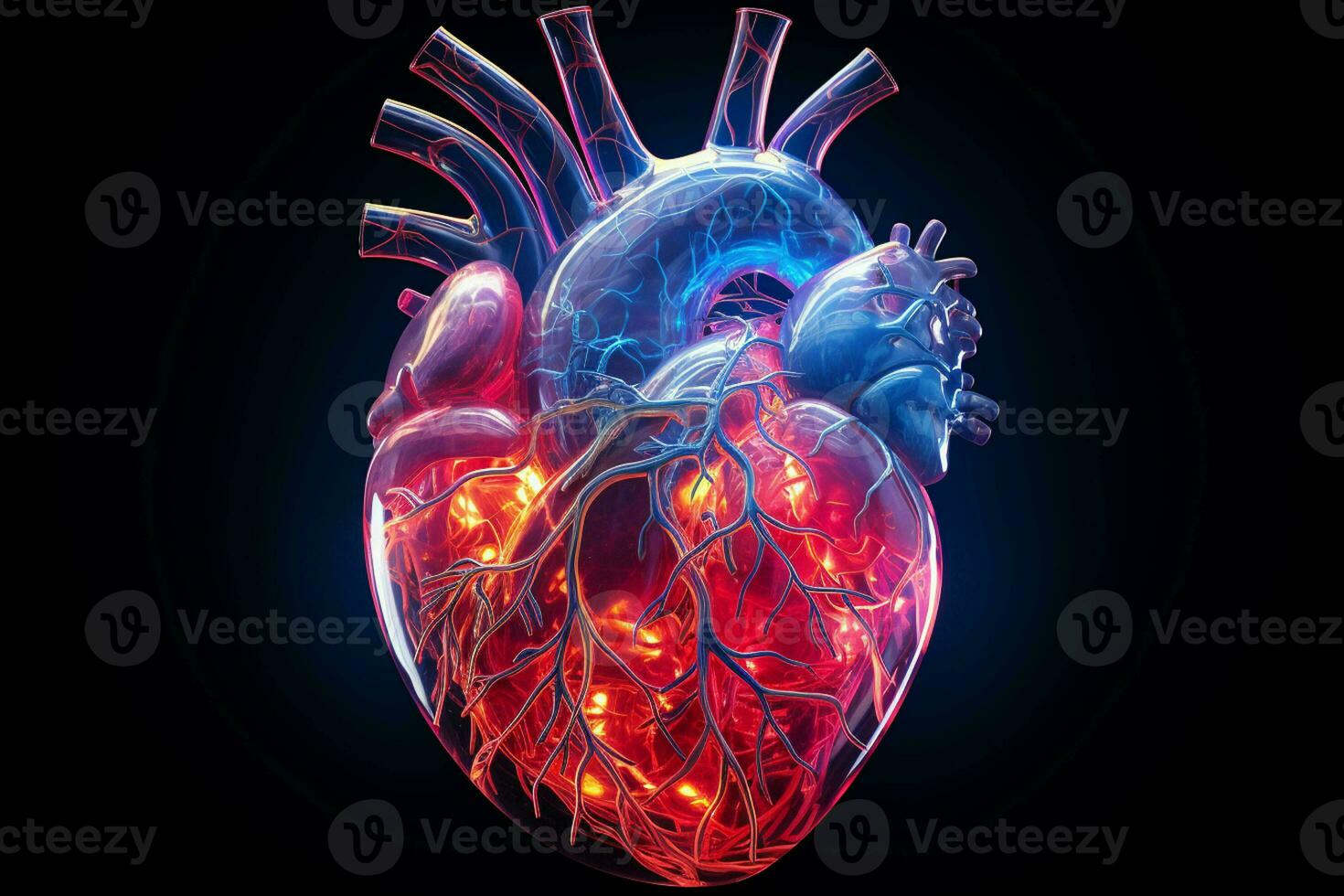 Human heart in neon light on dark background. ai generated pro photo