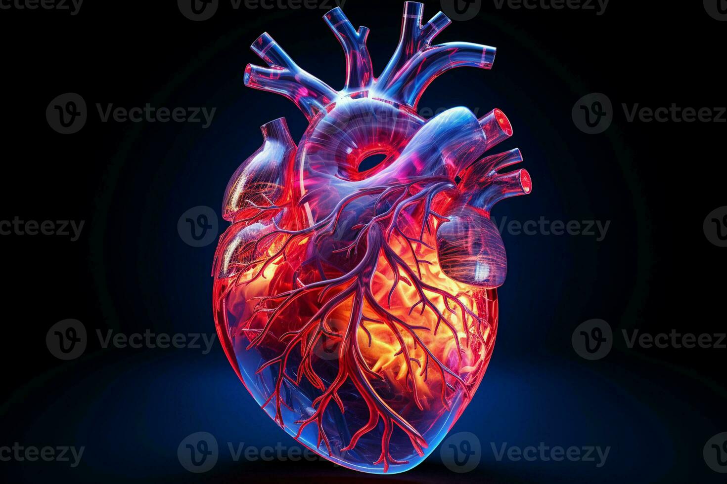 Human heart in neon light on dark background. ai generated pro photo