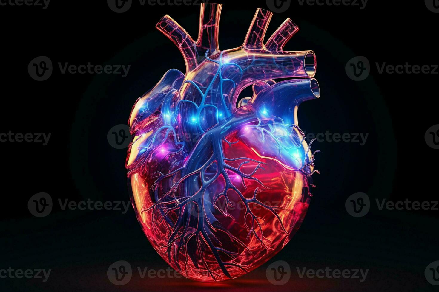 Human heart in neon light on dark background. ai generated pro photo