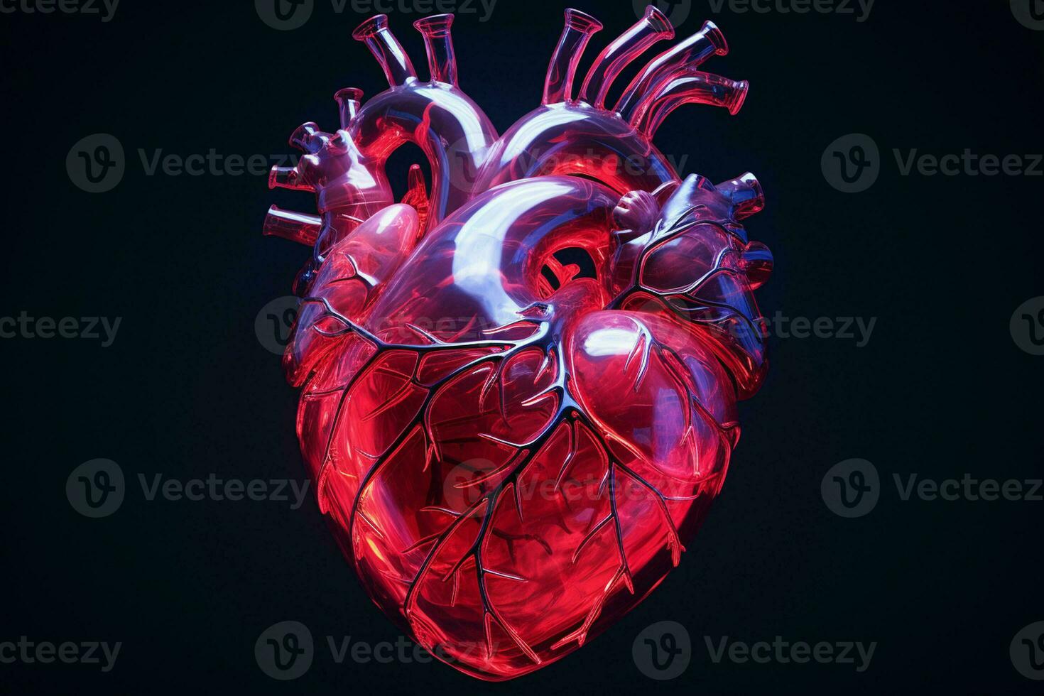 Human heart in neon light on dark background. ai generated pro photo