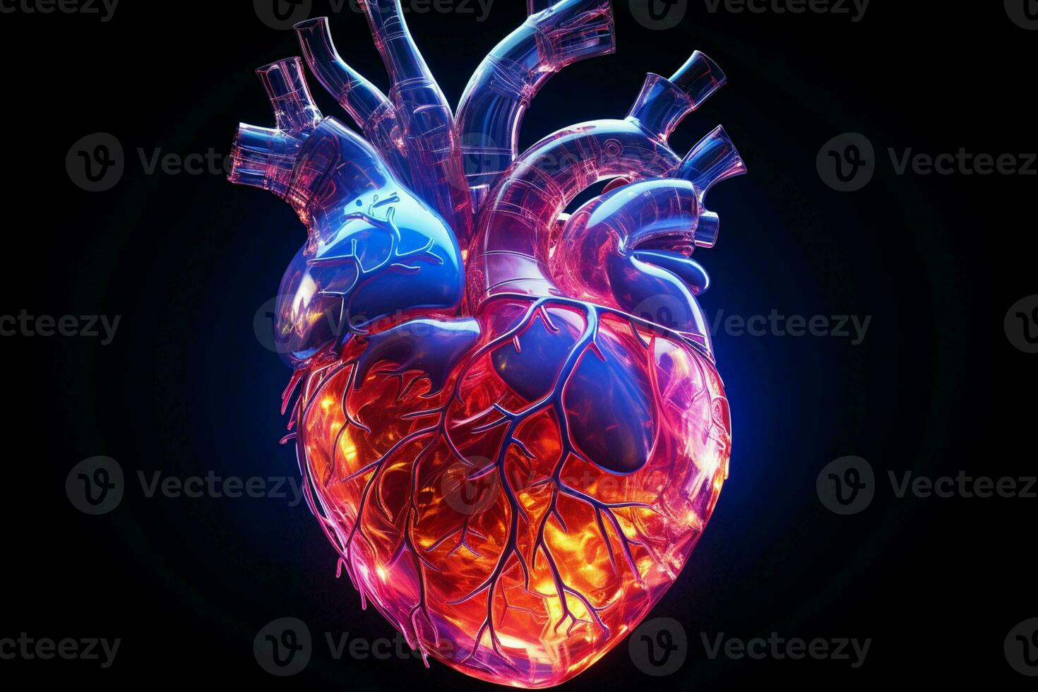 Human heart in neon light on dark background. ai generated pro photo