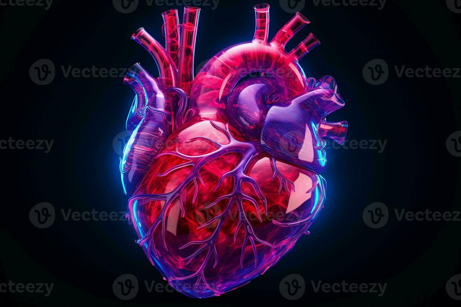 Human heart in neon light on dark background. ai generated pro photo