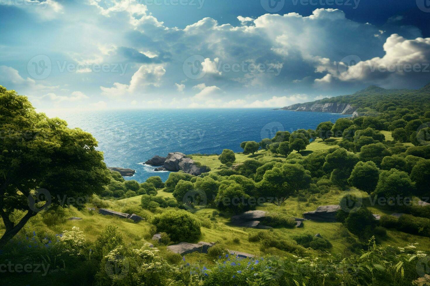 Beautiful seascape with a view of the sea and mountains. ai generated pro photo