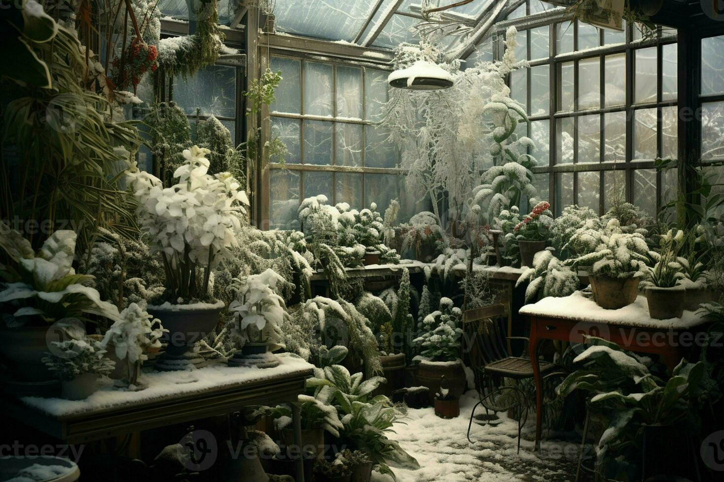 Winter garden inside greenhouse with flowers and plants under snow. AI generated pro photo