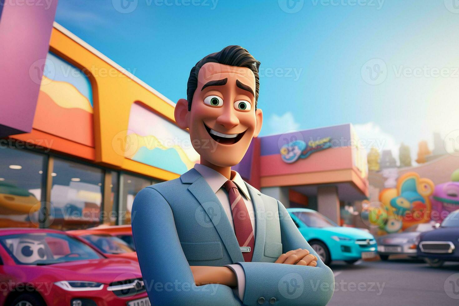 3d illustration of a cartoon businessman standing in front of a car park. ai generated pro photo