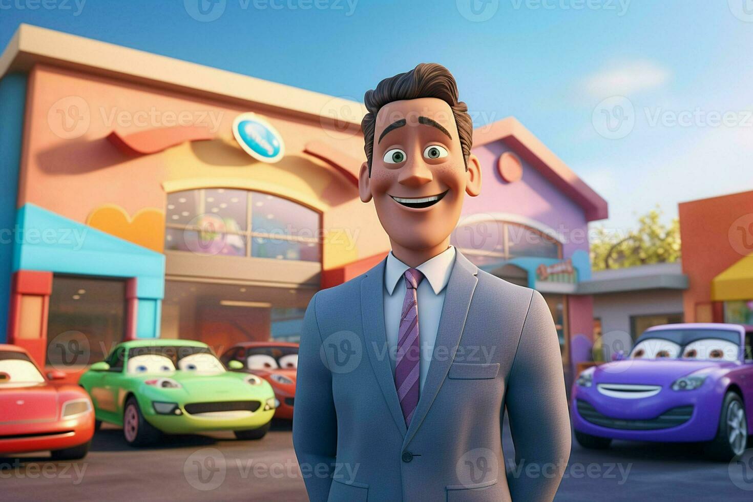 3d illustration of a cartoon businessman standing in front of a car park. ai generated pro photo