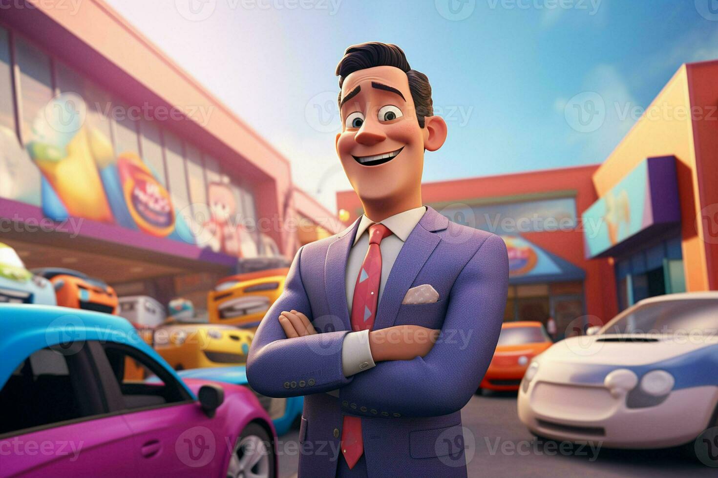 3d illustration of a cartoon businessman standing in front of a car park. ai generated pro photo