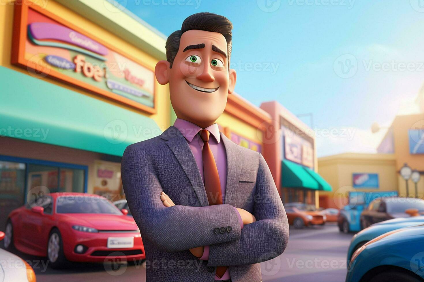 3d illustration of a cartoon businessman standing in front of a car park. ai generated pro photo