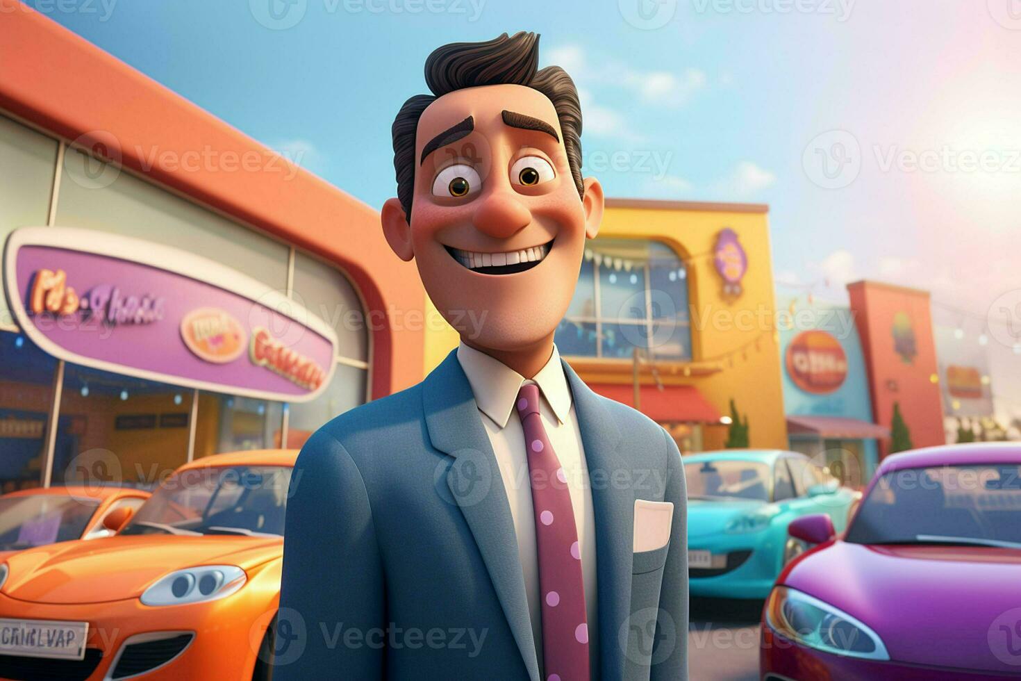 3d illustration of a cartoon businessman standing in front of a car park. ai generated pro photo