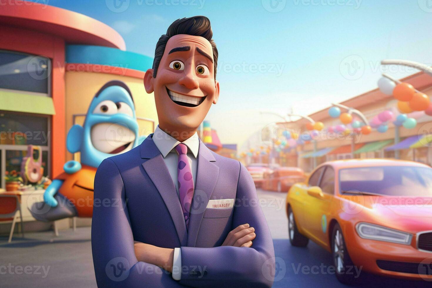 3d illustration of a cartoon businessman standing in front of a car park. ai generated pro photo