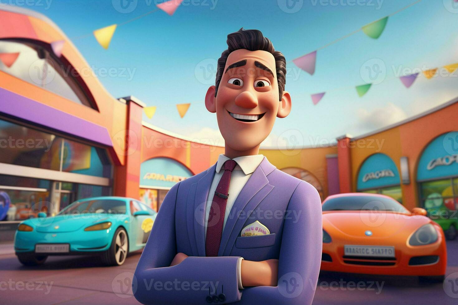 3d illustration of a cartoon businessman standing in front of a car park. ai generated pro photo