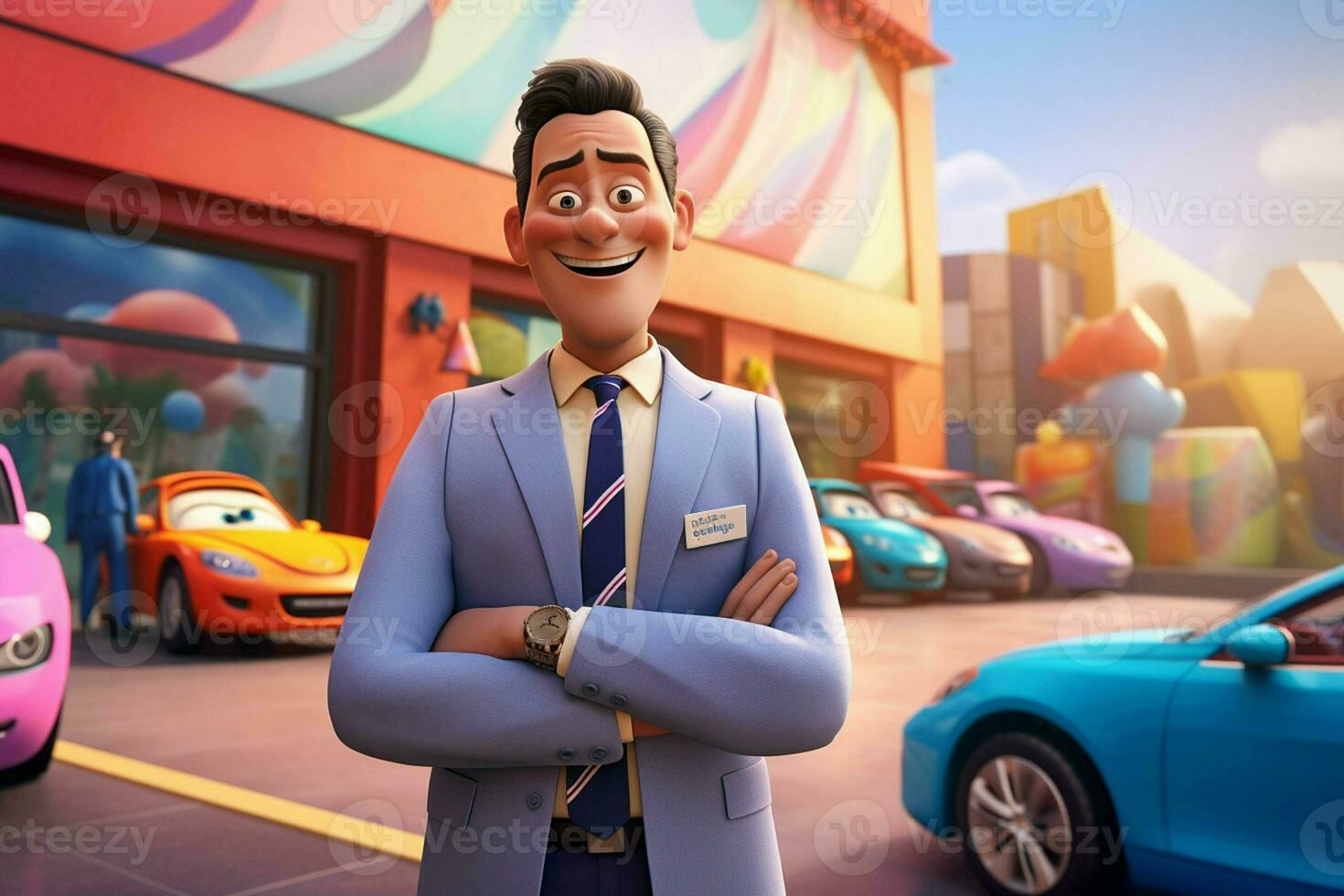 3d illustration of a cartoon businessman standing in front of a car park. ai generated pro photo