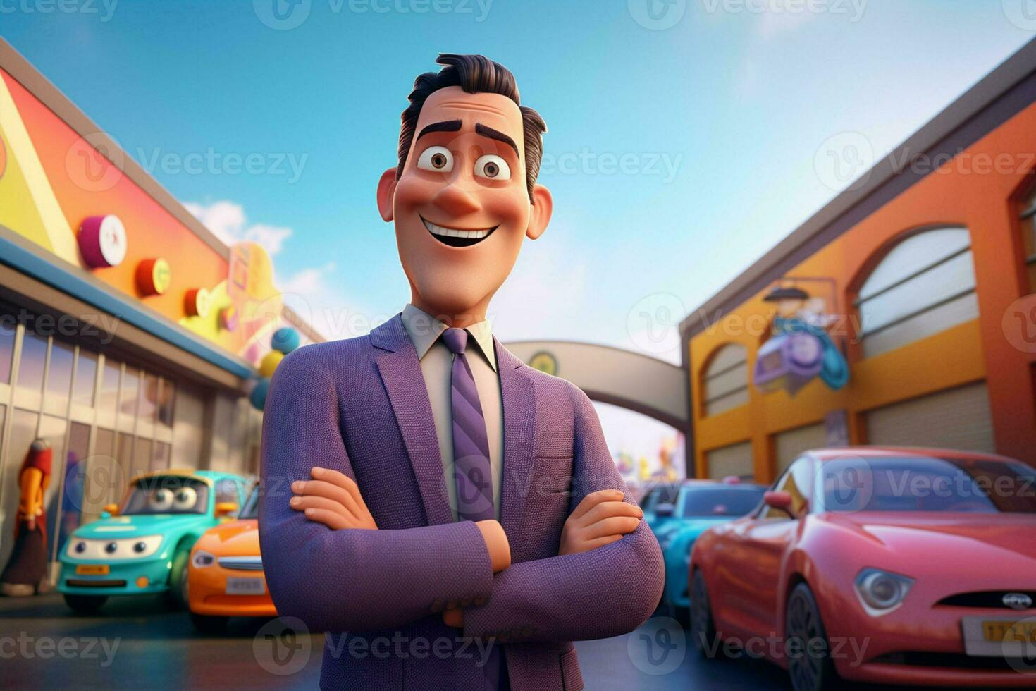 3d illustration of a cartoon businessman standing in front of a car park. ai generated pro photo