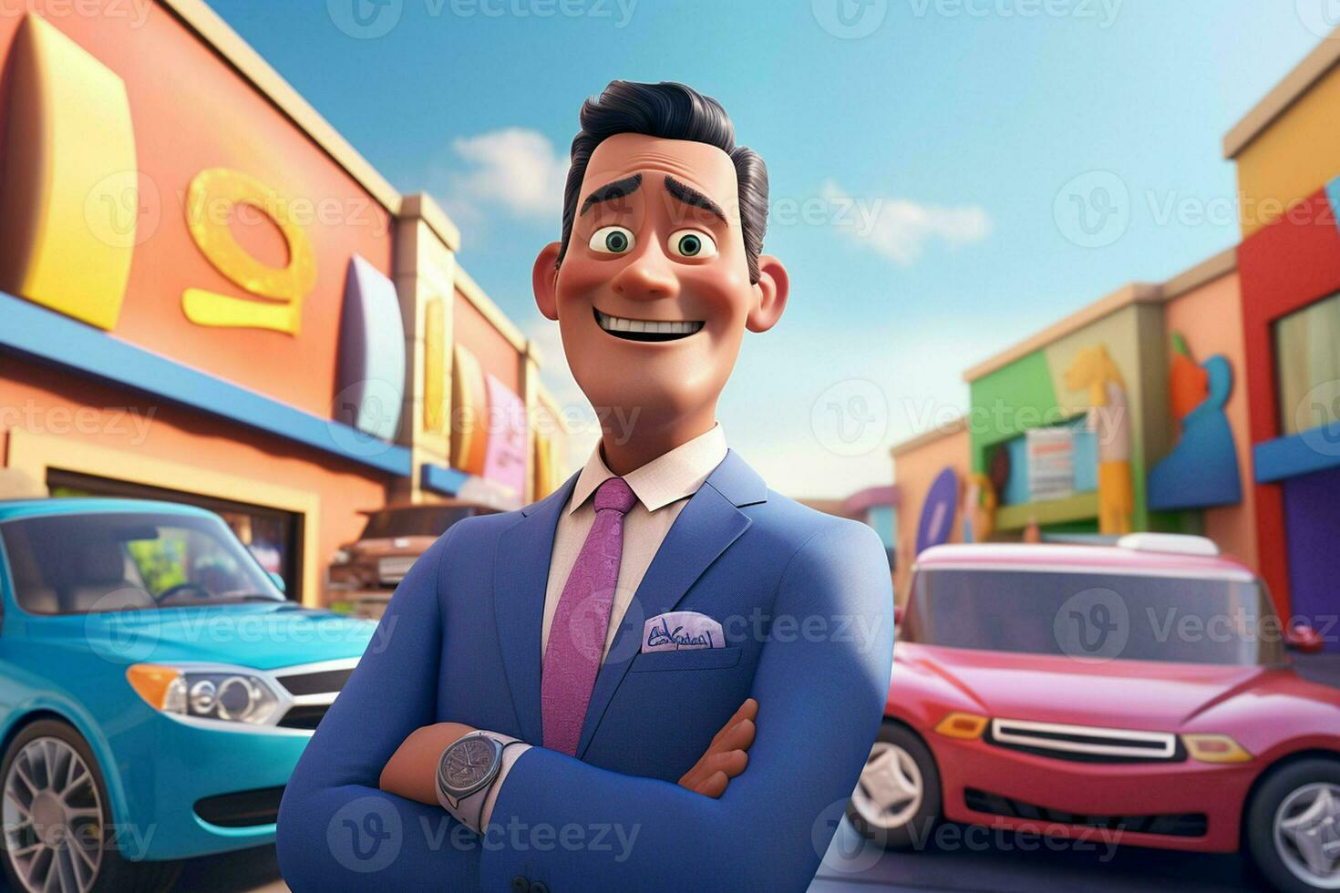 3d illustration of a cartoon businessman standing in front of a car park. ai generated pro photo