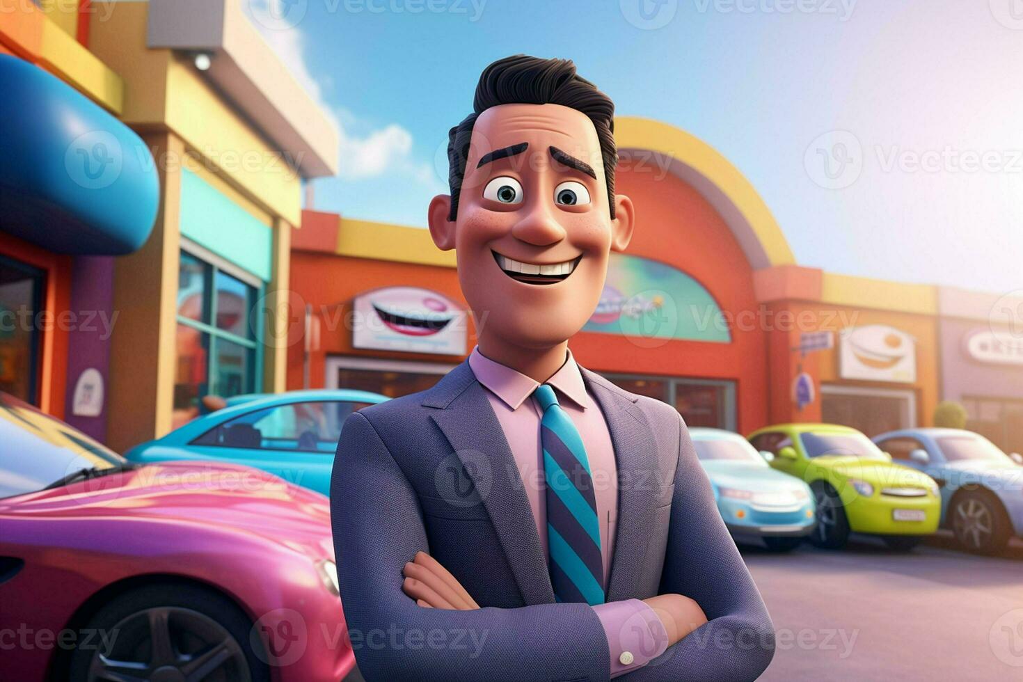 3d illustration of a cartoon businessman standing in front of a car park. ai generated pro photo