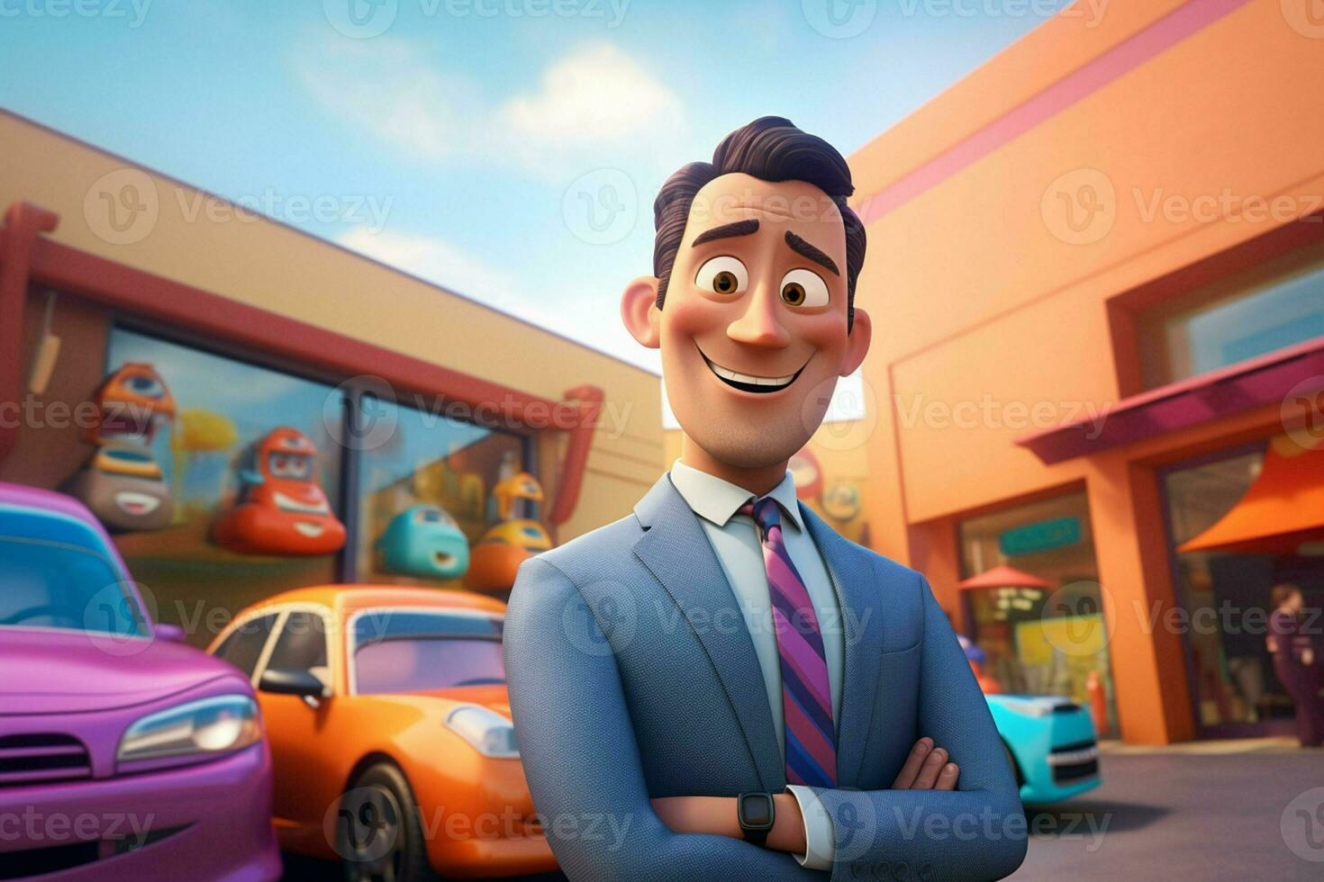 3d illustration of a cartoon businessman standing in front of a car park. ai generated pro photo