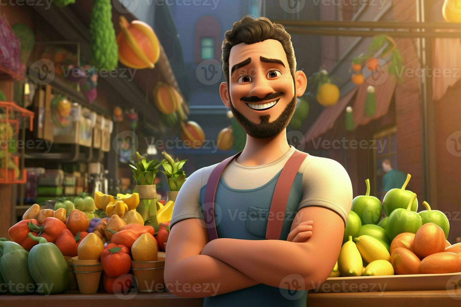 a cartoon character in a grocery store selling fruit. ai generated pro photo