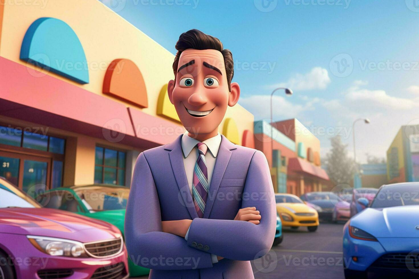 3d illustration of a cartoon businessman standing in front of a car park. ai generated pro photo