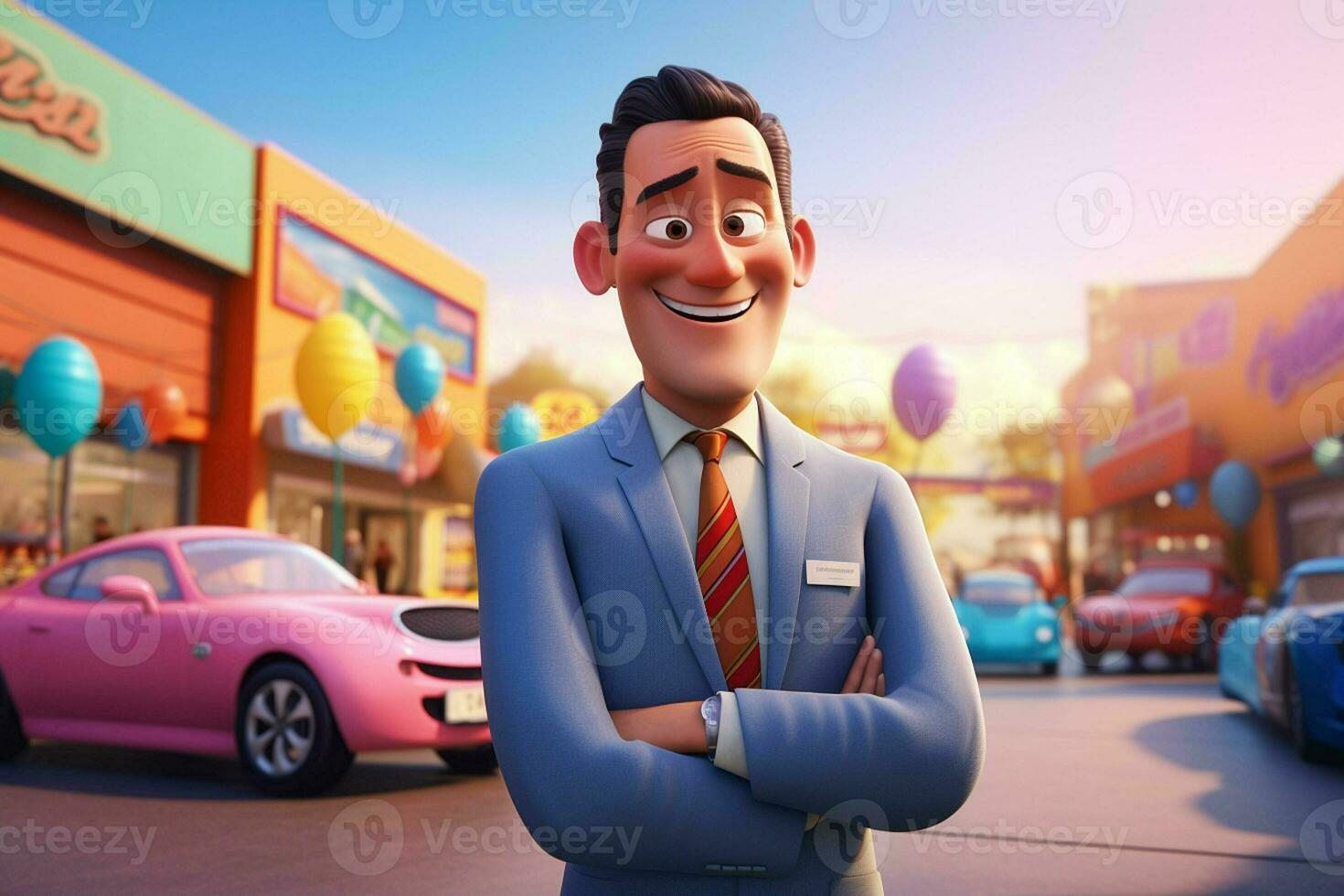 3d illustration of a cartoon businessman standing in front of a car park. ai generated pro photo