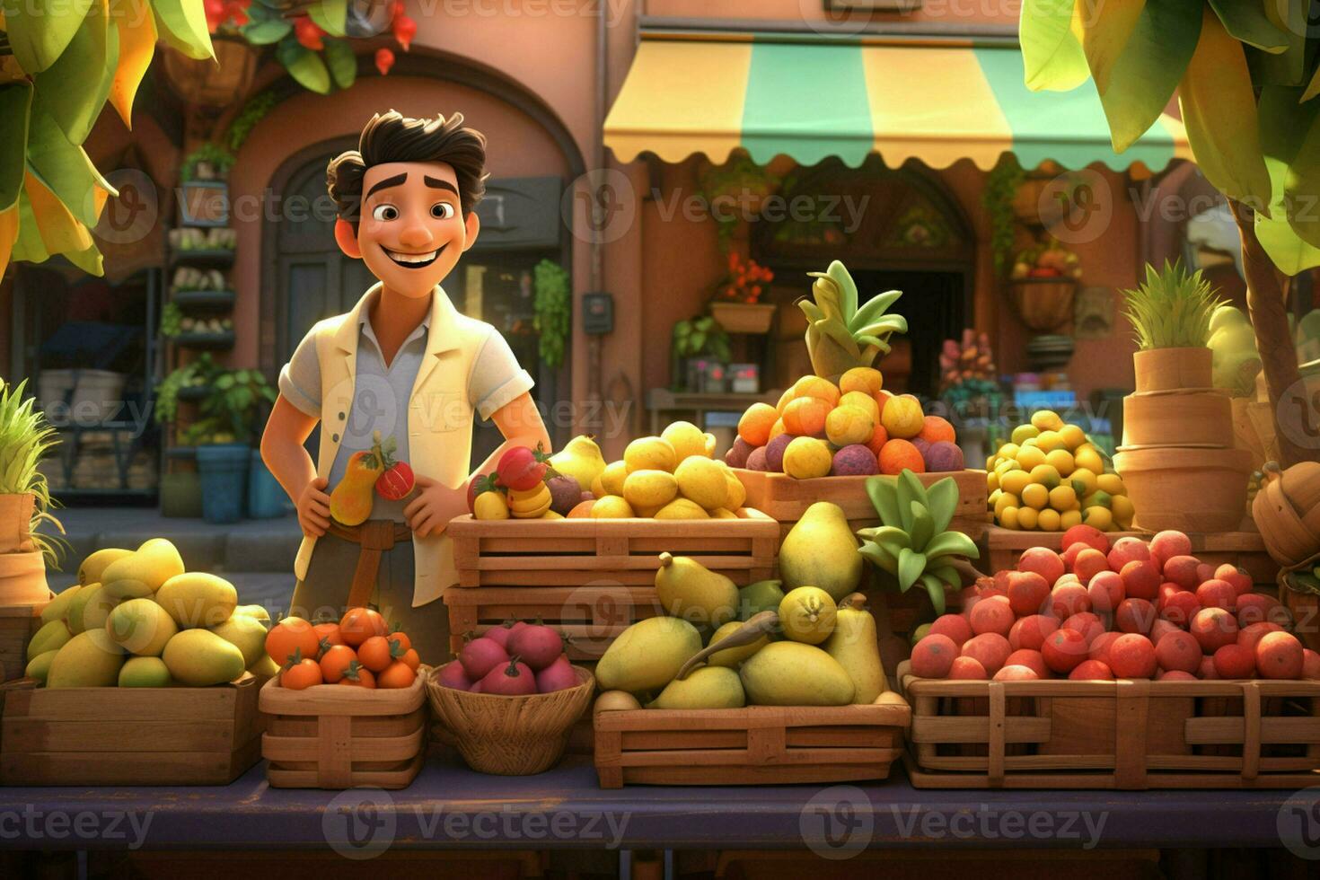 un dibujos animados personaje en un tienda de comestibles Tienda de venta fruta. ai generado Pro foto