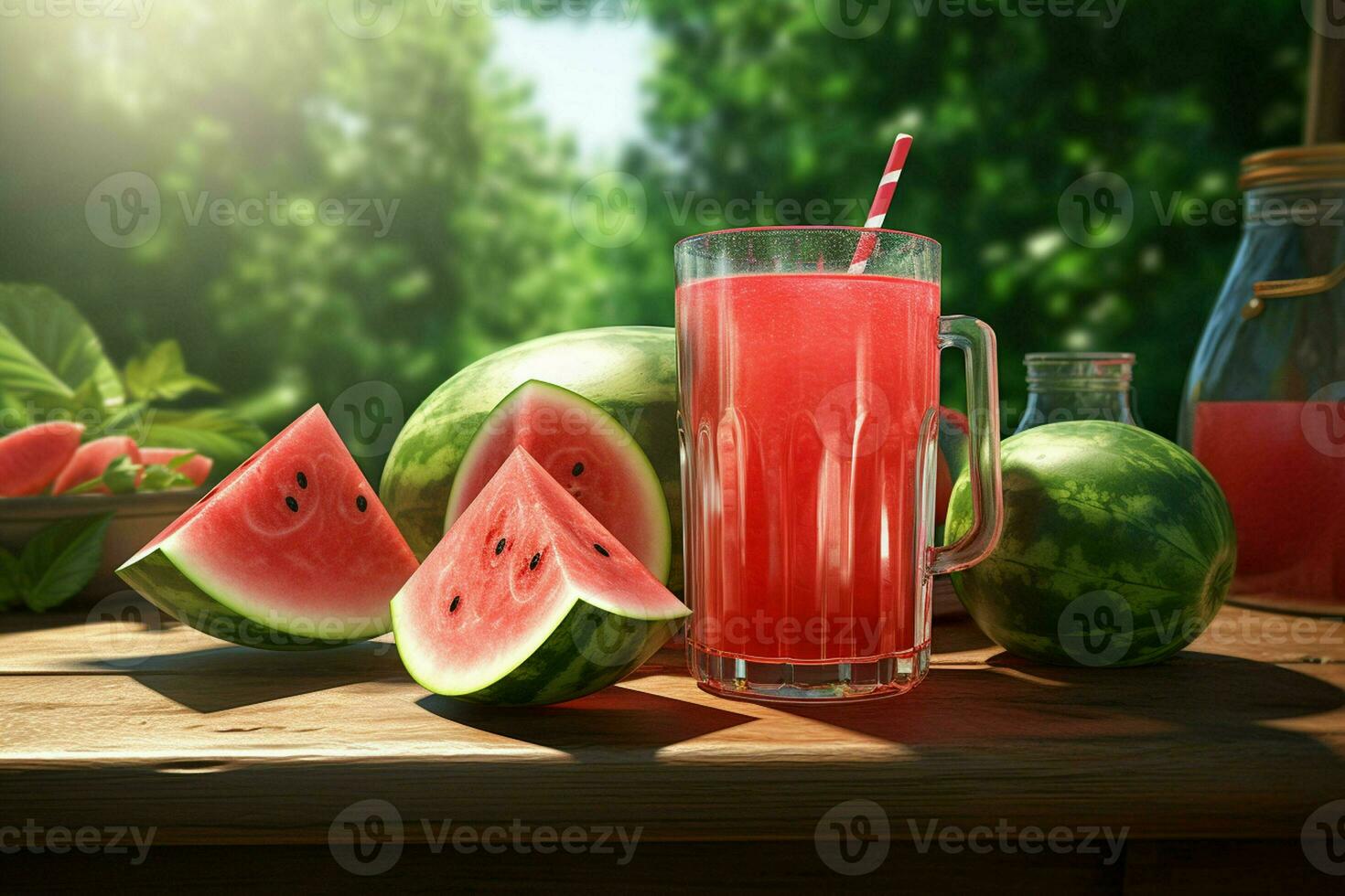 A glass of watermelon juice with fresh watermelon on wooden table outdoors. ai generated pro photo
