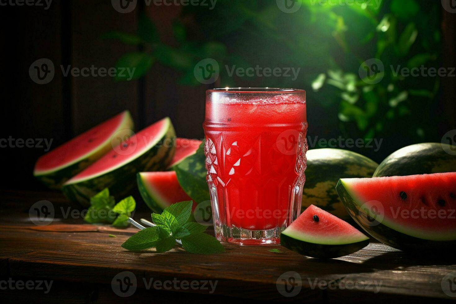 A glass of watermelon juice with fresh watermelon on wooden table outdoors. ai generated pro photo