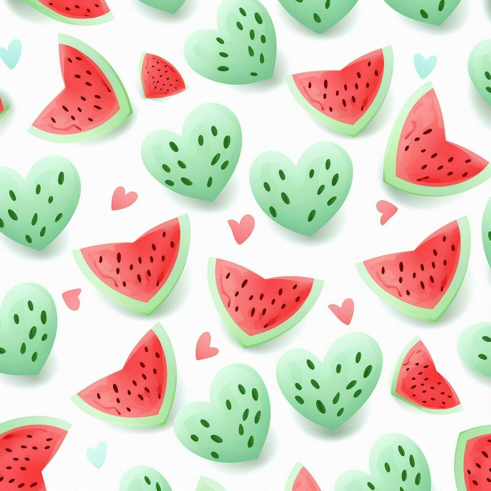 Watermelon seamless pattern. Hand drawn watermelon slices and hearts on white background. ai generated photo