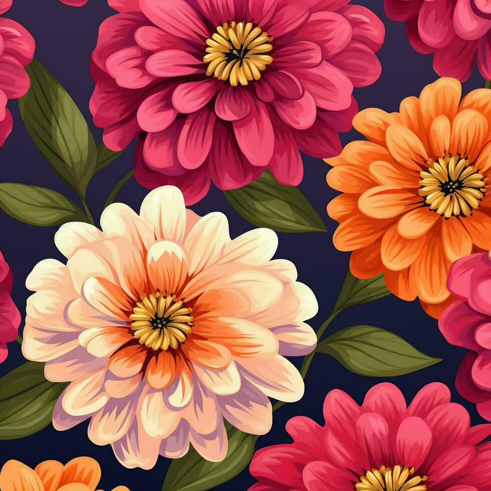 Seamless pattern with flowers illustration in retro style. Ai generated photo