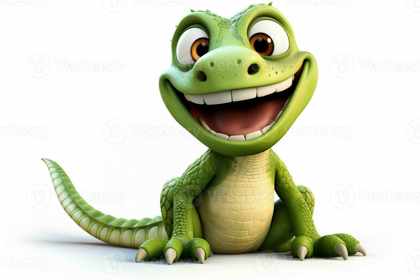 Cartoon crocodile with smiley face on white background - 3D Illustration. ai generated pro photo