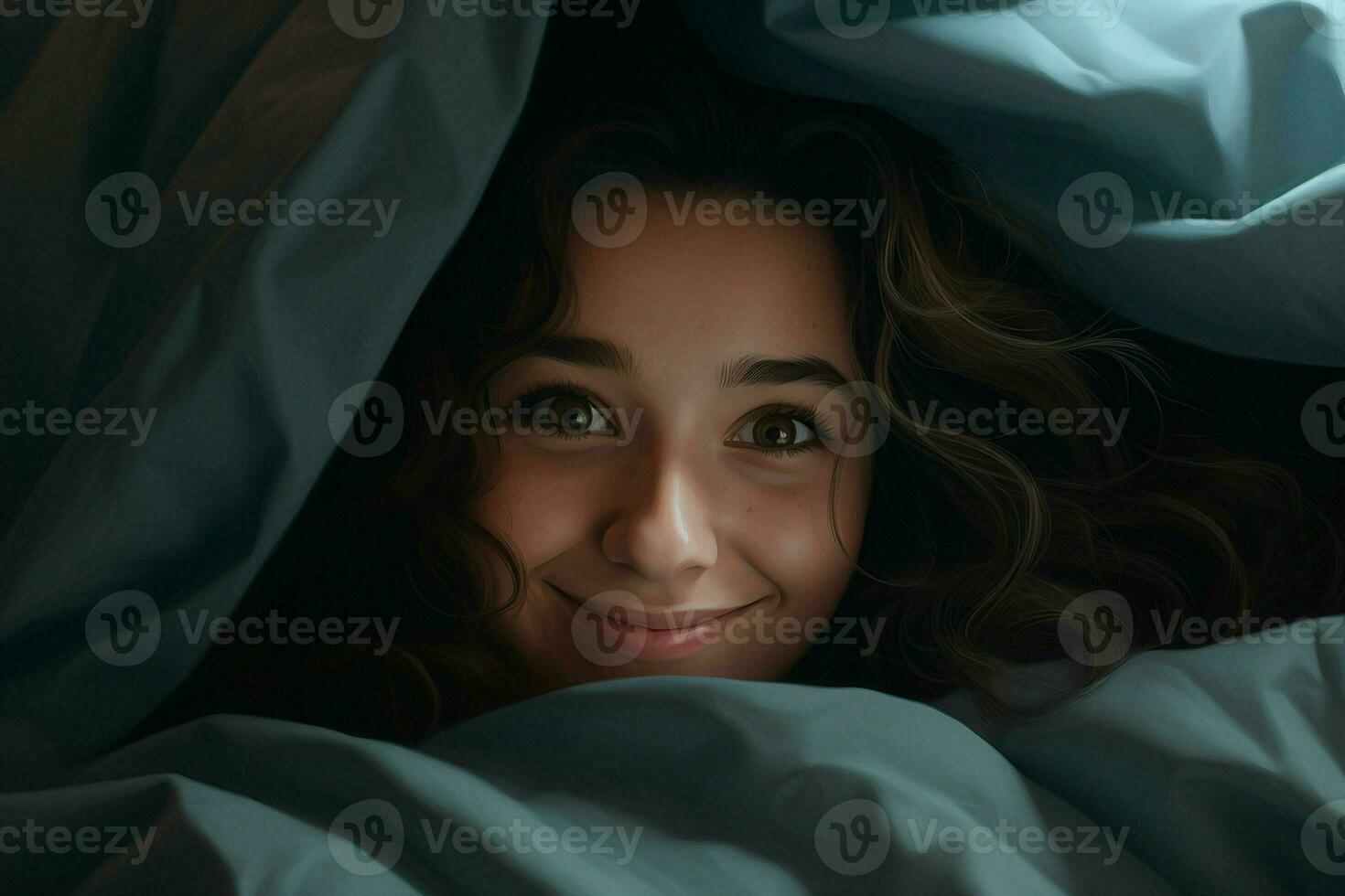Portrait of beautiful young woman lying in bed under white blanket. ai generated pro photo