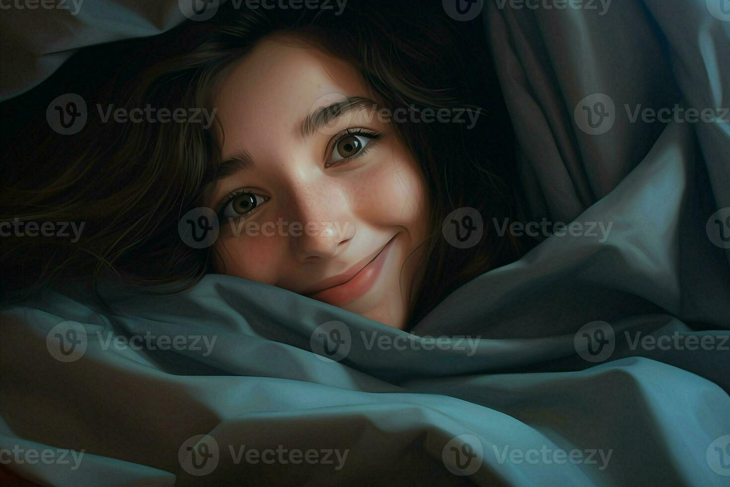 Portrait of beautiful young woman lying in bed under white blanket. ai generated pro photo