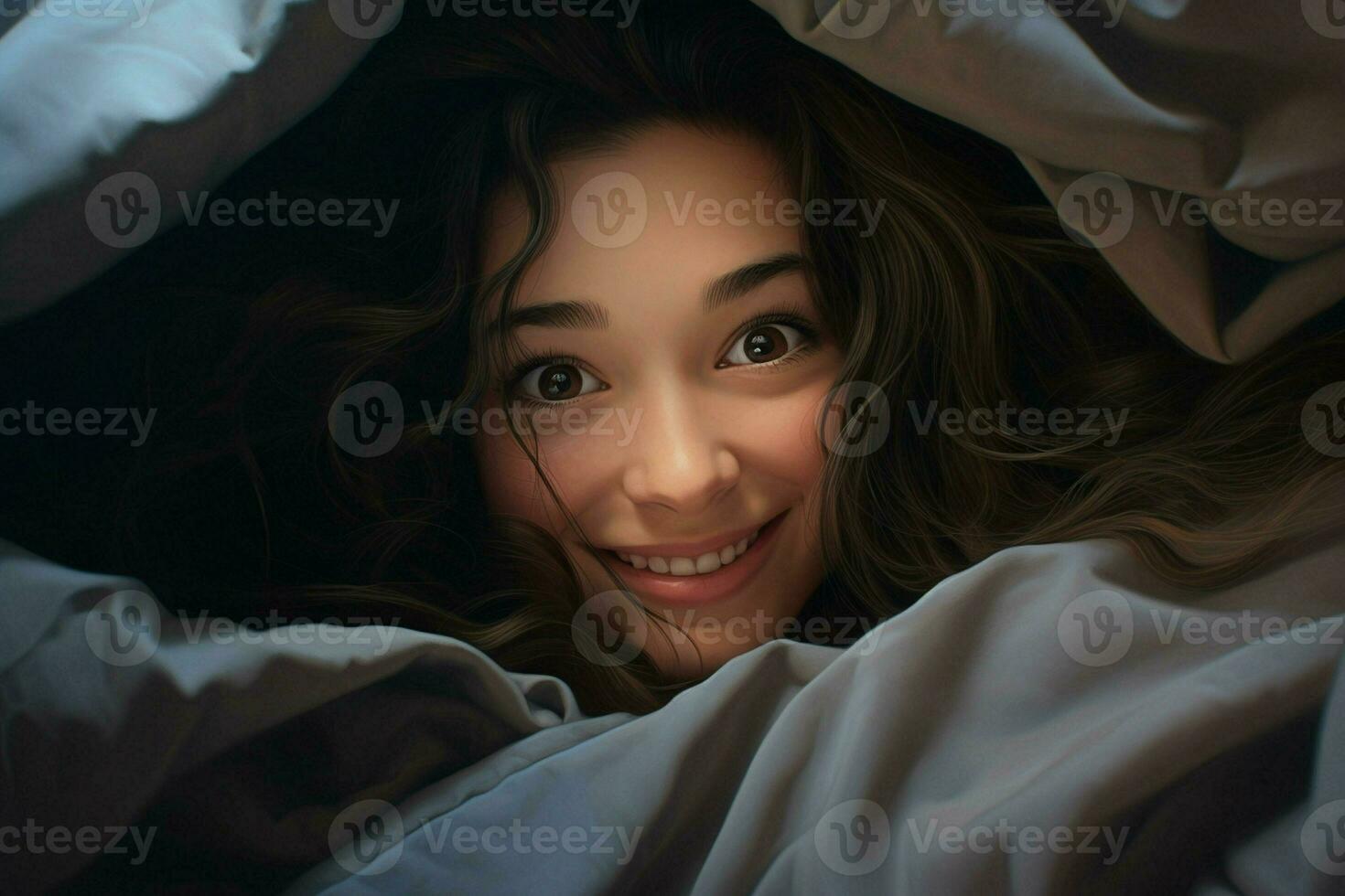 retrato de hermosa joven mujer acostado en cama debajo blanco frazada. ai generado Pro foto