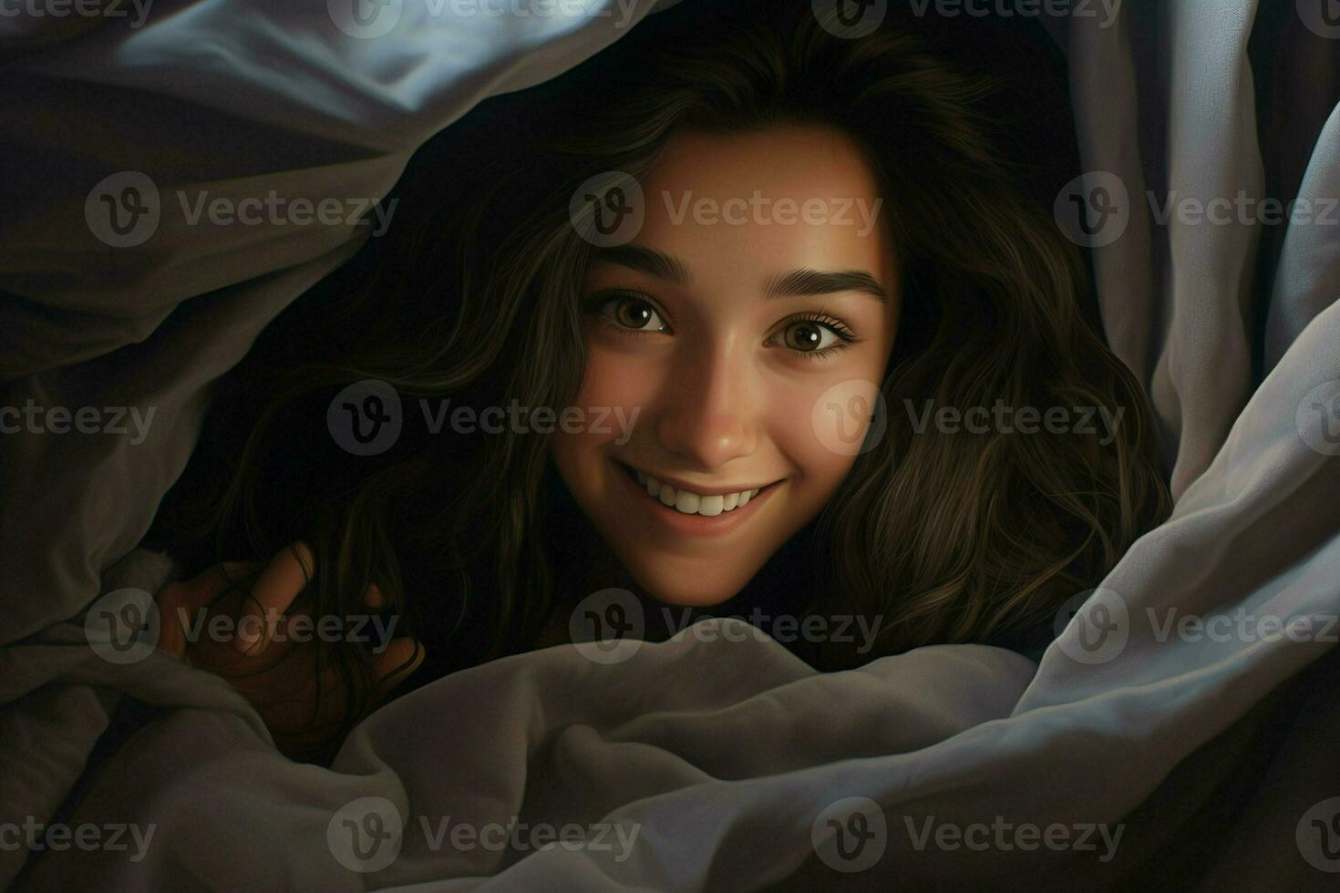 retrato de hermosa joven mujer acostado en cama debajo blanco frazada. ai generado Pro foto