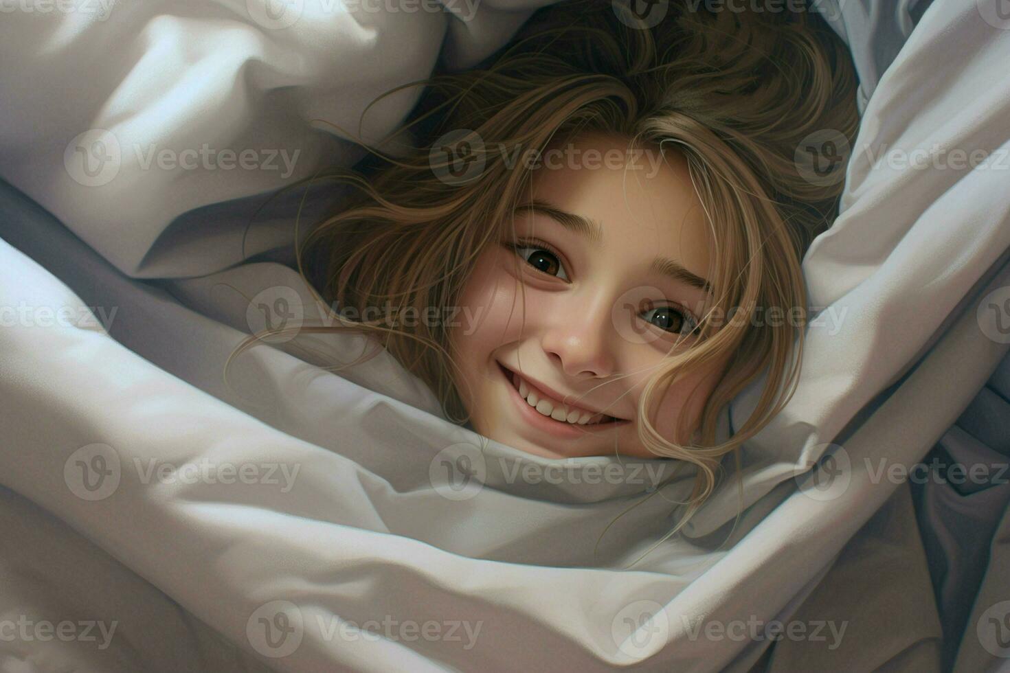 beautiful little girl lying in bed under blanket and smiling at camera. ai generated pro photo