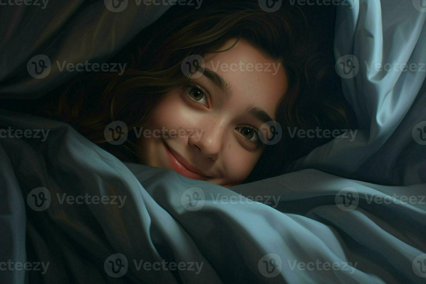 Portrait of beautiful young woman lying in bed under white blanket. ai generated pro photo
