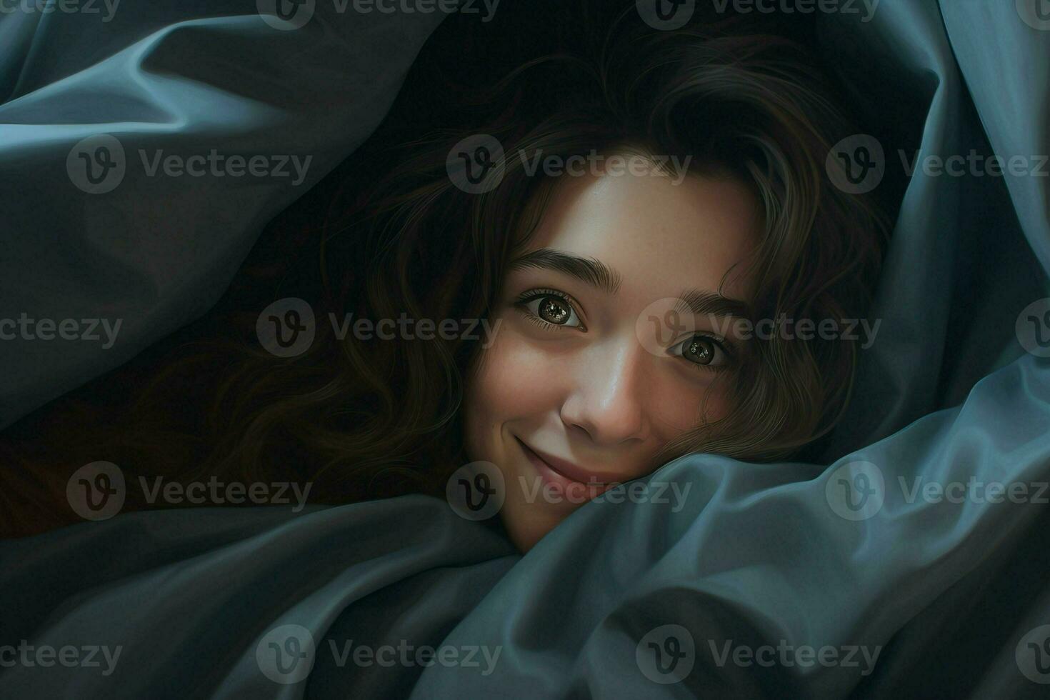 Portrait of beautiful young woman lying in bed under white blanket. ai generated pro photo