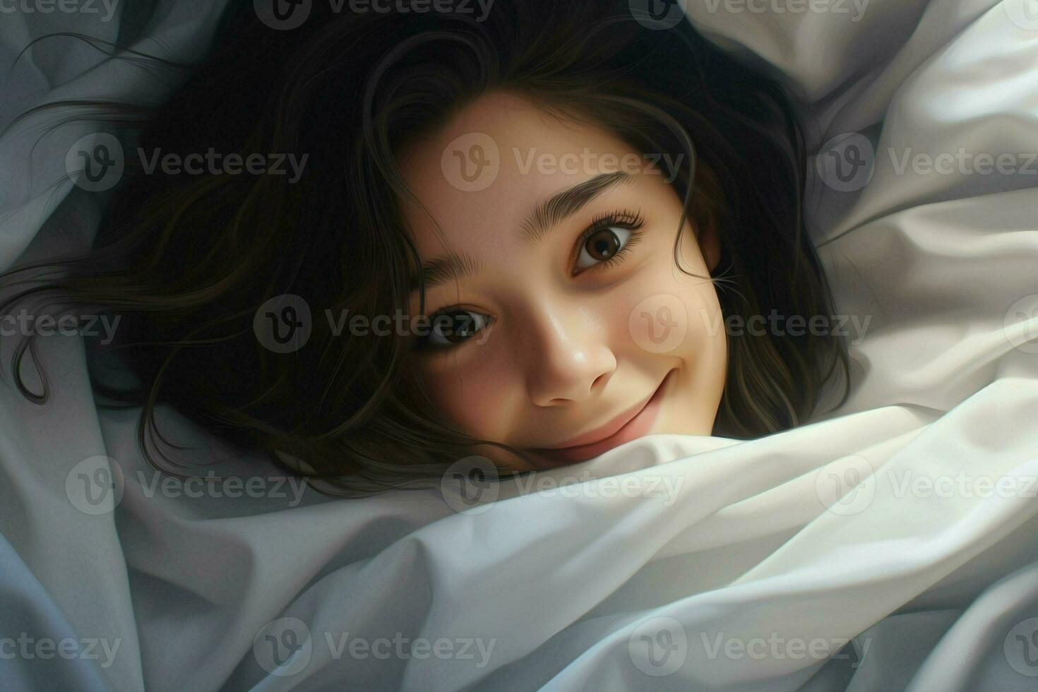 beautiful little girl lying in bed under blanket and smiling at camera. ai generated pro photo